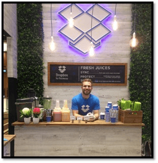 Dropbox branded fresh juice bar with expert Liquid Infusion staff at a corporate activation