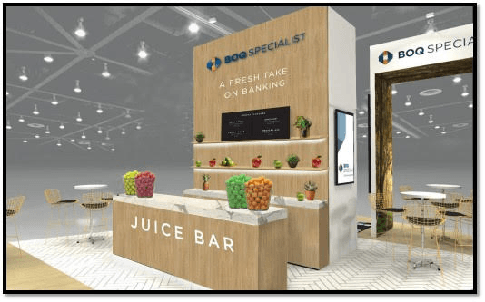 Professional mobile juice bar setup with fresh apples, limes and oranges for corporate catering